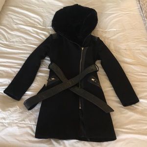 Via Spiga Black Faux Fur Wool Collar Trench Coat